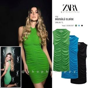 NWT Zara little green Dress with Rushing. Size L